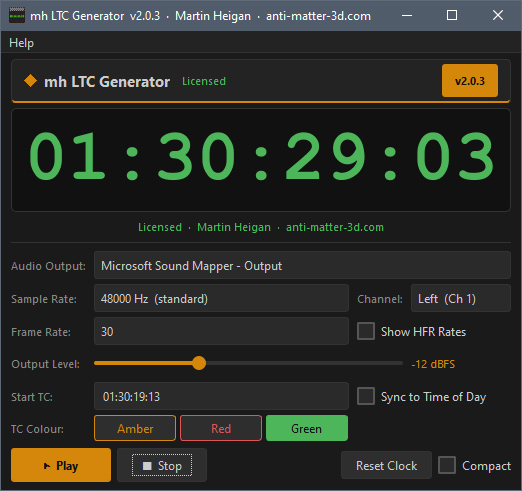 mh_LTC_Generator turns your Windows PC and audio interface into a professional SMPTE LTC timecode generator.