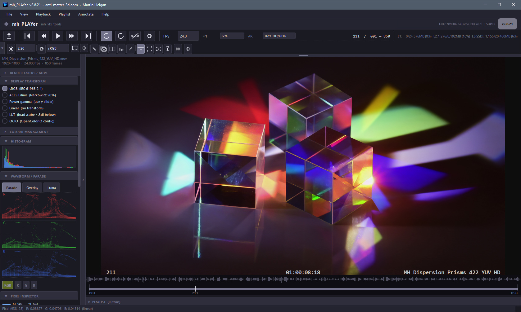 mh_PLAYer is a high-performance image sequence and video player built for
CGI and VFX production pipelines. It handles the formats, colour spaces,
and review workflows that artists and technical directors encounter every
day — from multi-layer OpenEXR sequences to H.264 video dailies — without
compromising on accuracy or speed.
