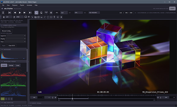 mh_PLAYer is a high-performance image sequence and video player built for
CGI and VFX production pipelines. It handles the formats, colour spaces,
and review workflows that artists and technical directors encounter every
day — from multi-layer OpenEXR sequences to H.264 video dailies — without
compromising on accuracy or speed.