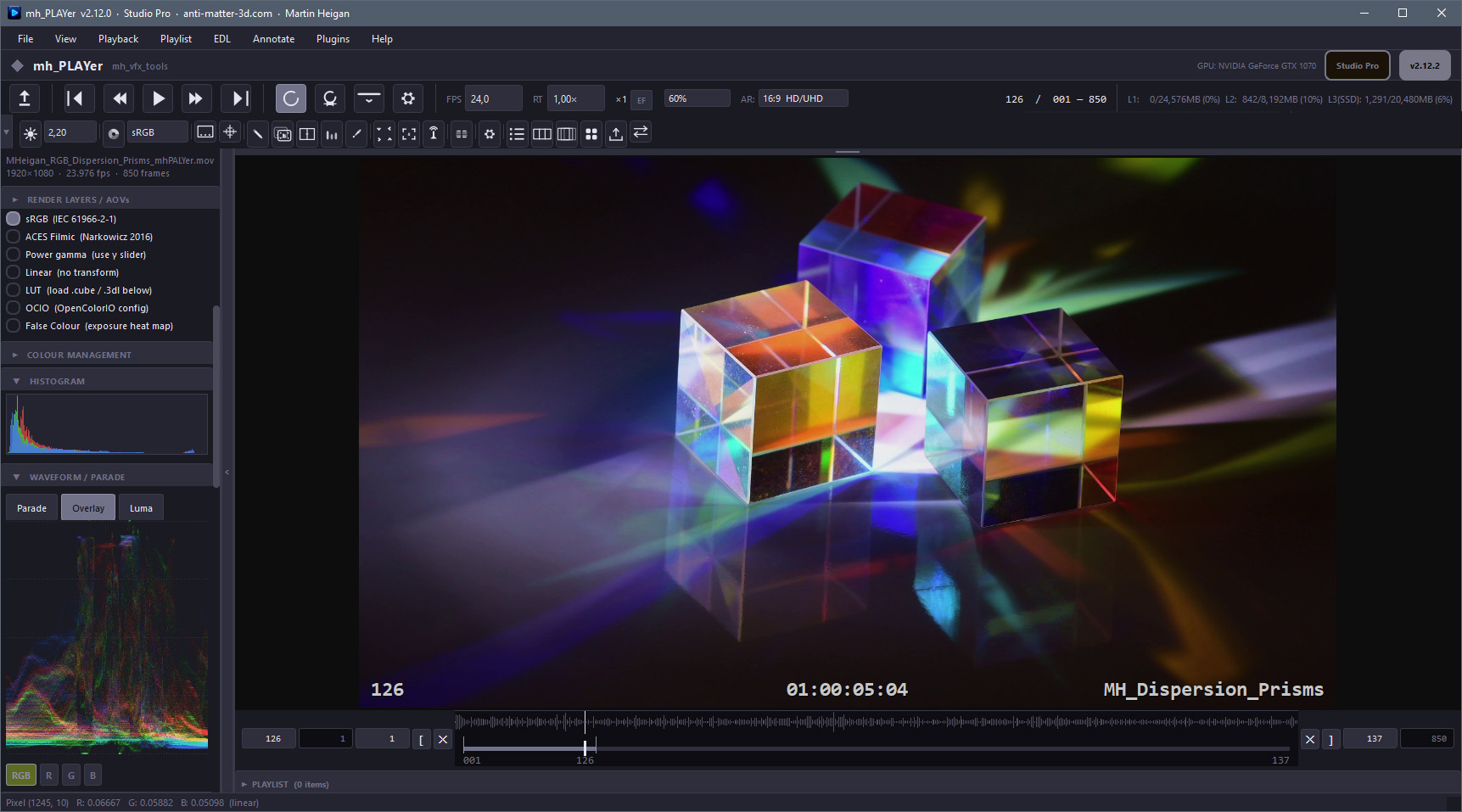mh_PLAYer is a high-performance image sequence and video player built for
CGI and VFX production pipelines. It handles the formats, colour spaces,
and review workflows that artists and technical directors encounter every
day — from multi-layer OpenEXR sequences to H.264 video dailies — without
compromising on accuracy or speed.